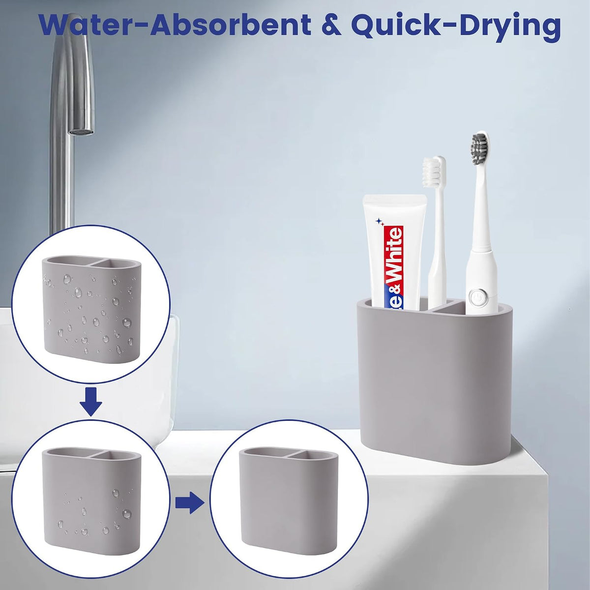 Diatomite Toothbrush Holder for Bathroom Counter, 2-Slot Toothpaste Organizer, Quick Drying Stand for Electric Brush, Grey, 4.37 x 3.9 in