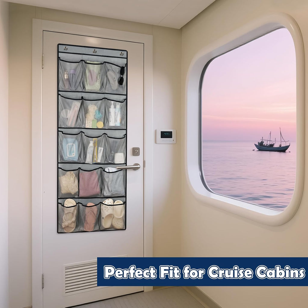 Over The Door Cruise Ship Organizer with 15 Size-Graded Pockets Grey
