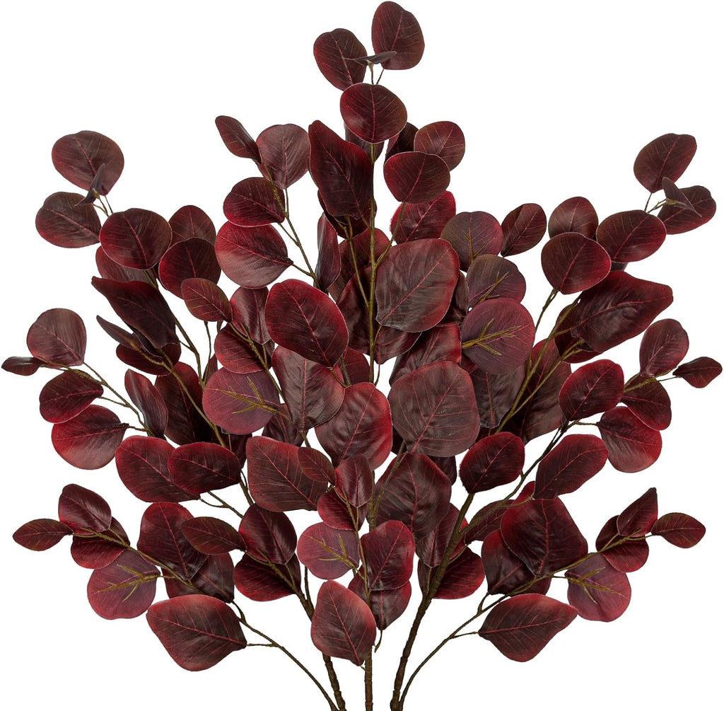 Hollyone 3Pcs Fall Eucalyptus Stems Artificial Eucalyptus Leaves Branches Fake Fall Flower Arrangements Red Leaf Long Stems Plants Autumn Faux Shrubs Bushes Thanksgiving Festival Decorations Burgundy