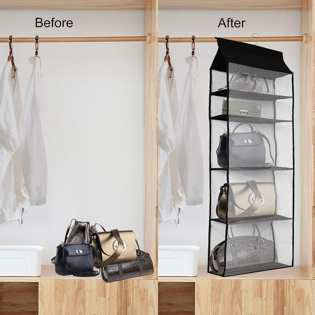 Improved Closet Handbag Purse Holder with 5 Large Heavy-Duty Mesh Shelves, Space Saving Hanging Handbag Storage Tote Bag Organizer Holder for Wardrobe Closet(Black)