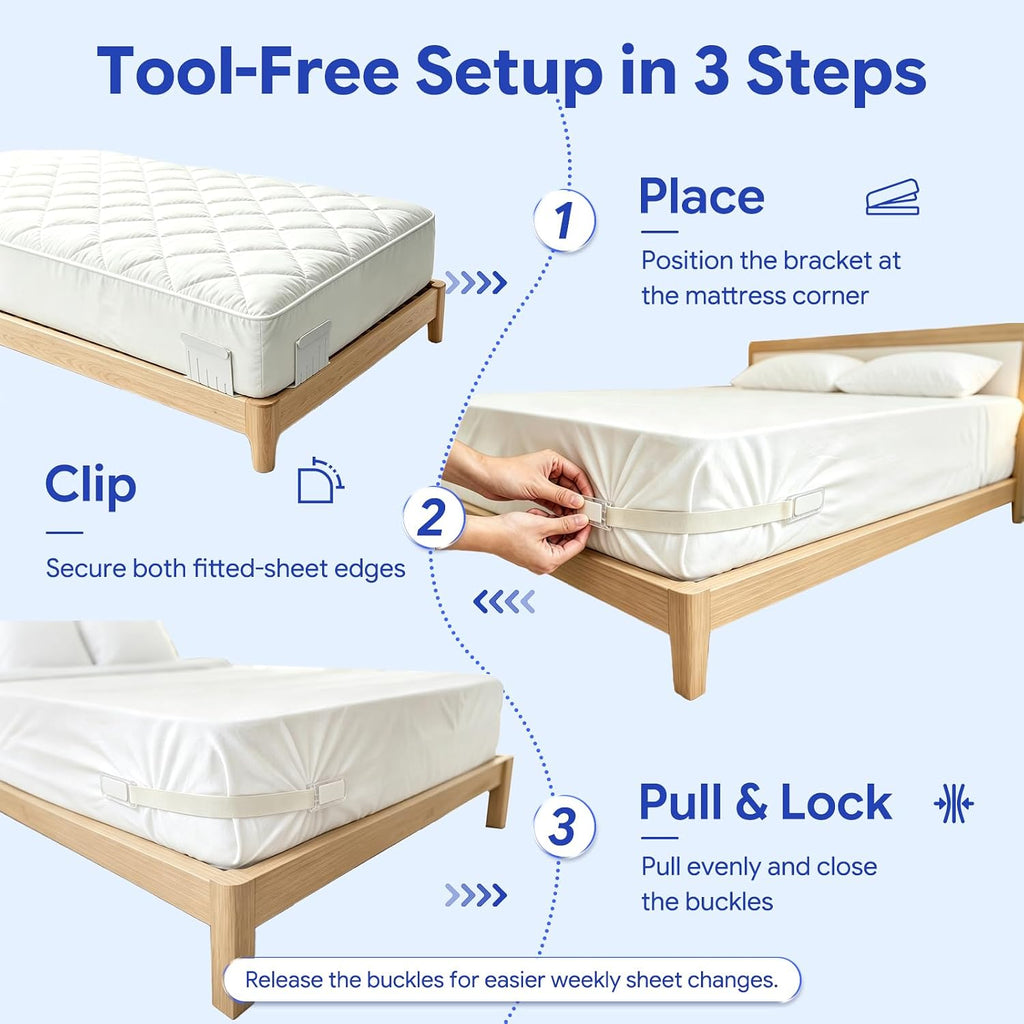Lock Bed Sheet Holders for Corners: 0 Slips All Night for Fitted Sheets