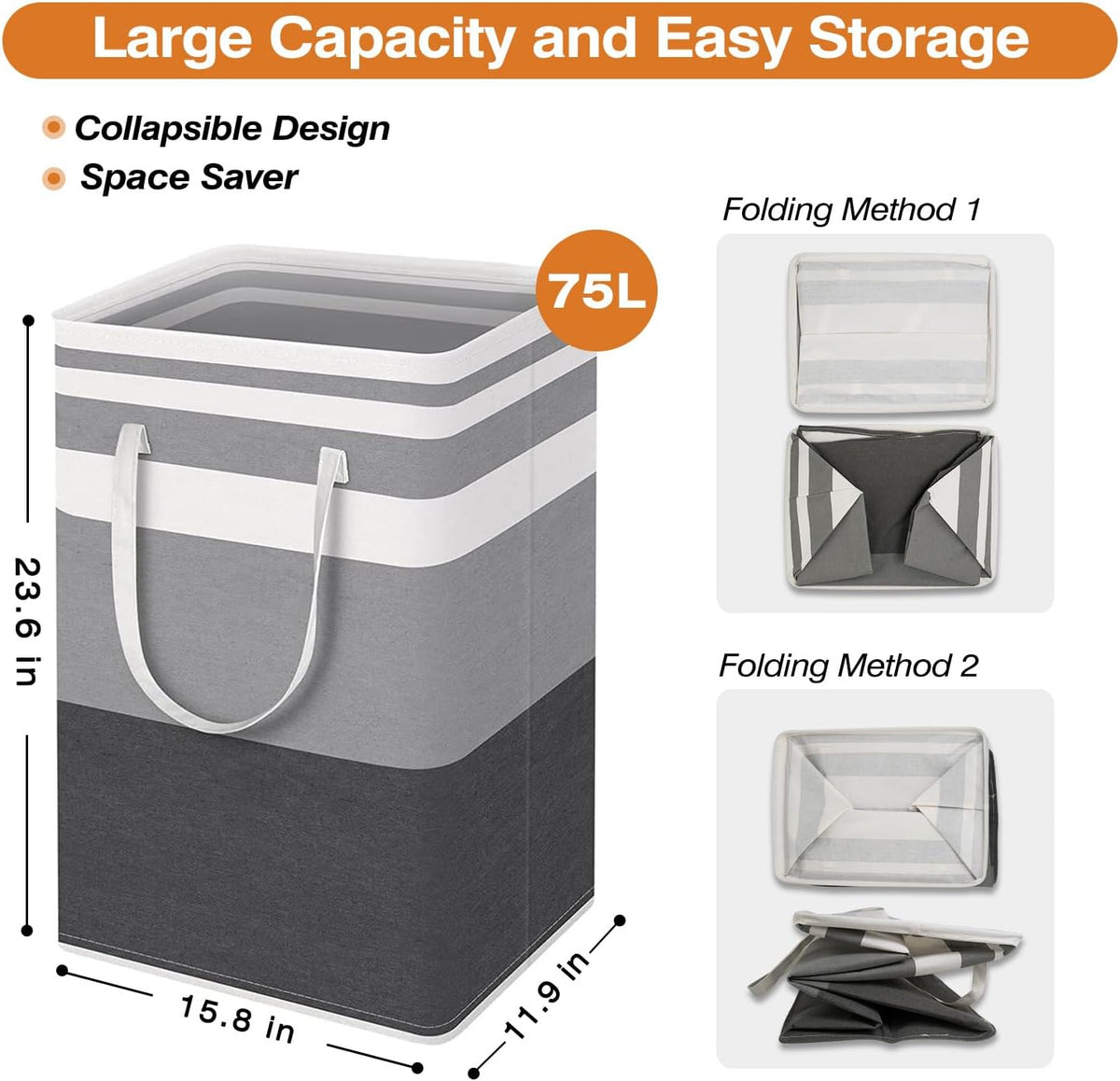 TINGHONG 2-Pack Large Collapsible Laundry Baskets - 75L Freestanding Waterproof Hampers with Reinforced Handles for Clothes, Toys, and More - Ideal for Dorms and Family Use (Gradient Grey)