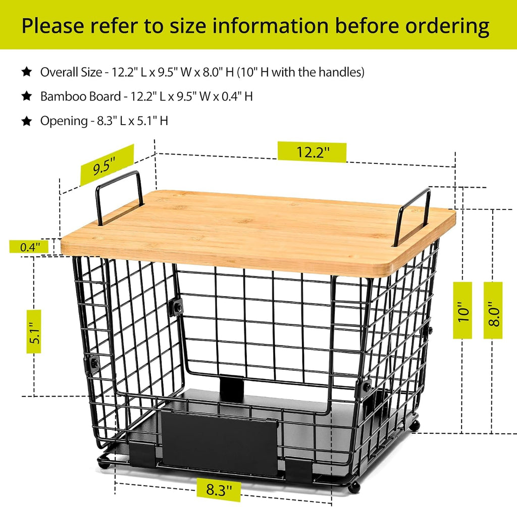 2 Set Large Stackable Wire Basket with Bamboo Tops & Tag- Pantry Organizer and Storage Bins, Kitchen Counter Cabinet Shelf Countertop Under Sink Organizing for Food Snack Produce Onion Potato Bread