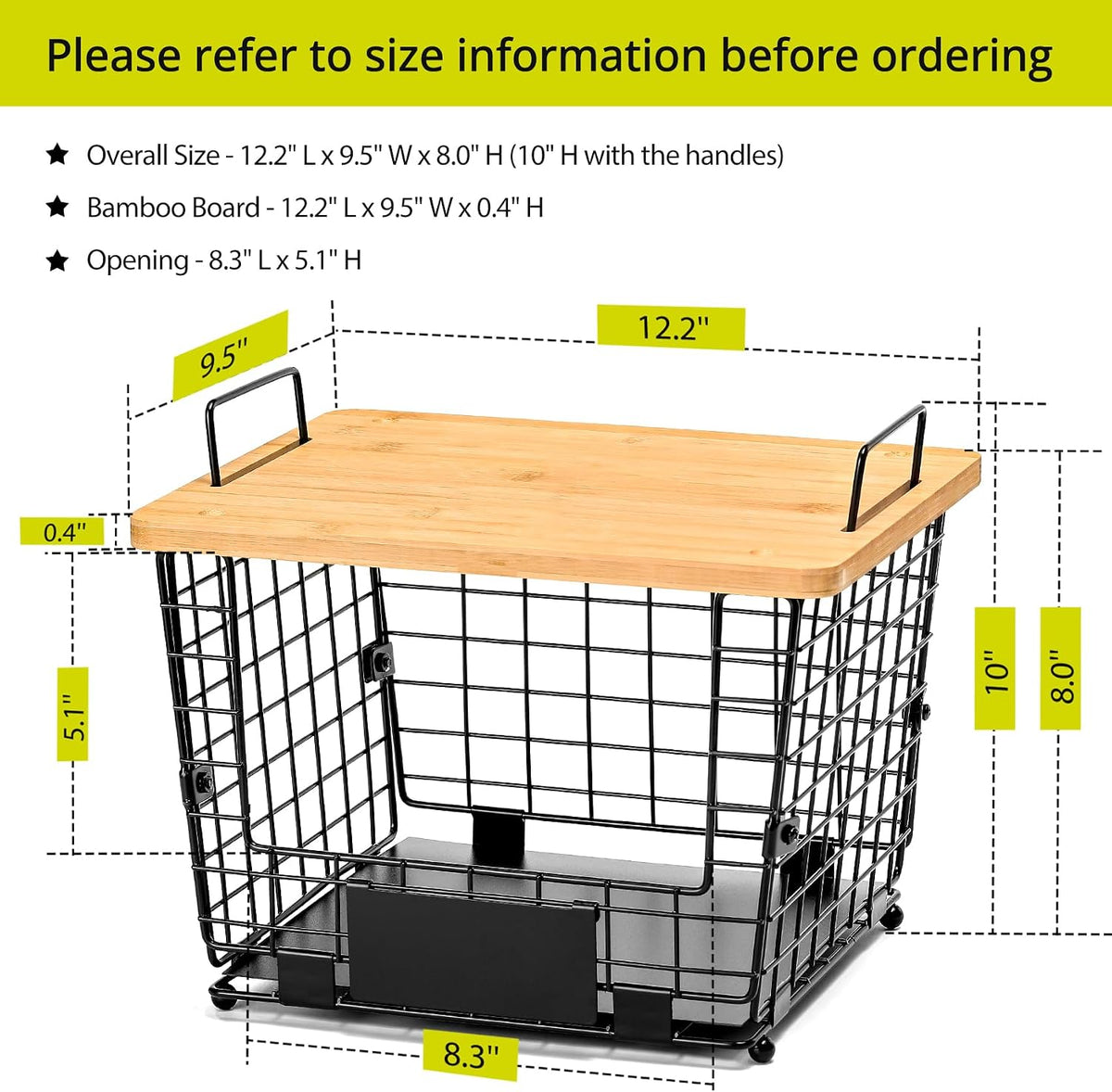 2 Set Large Stackable Wire Basket with Bamboo Tops & Tag- Pantry Organizer and Storage Bins, Kitchen Counter Cabinet Shelf Countertop Under Sink Organizing for Food Snack Produce Onion Potato Bread