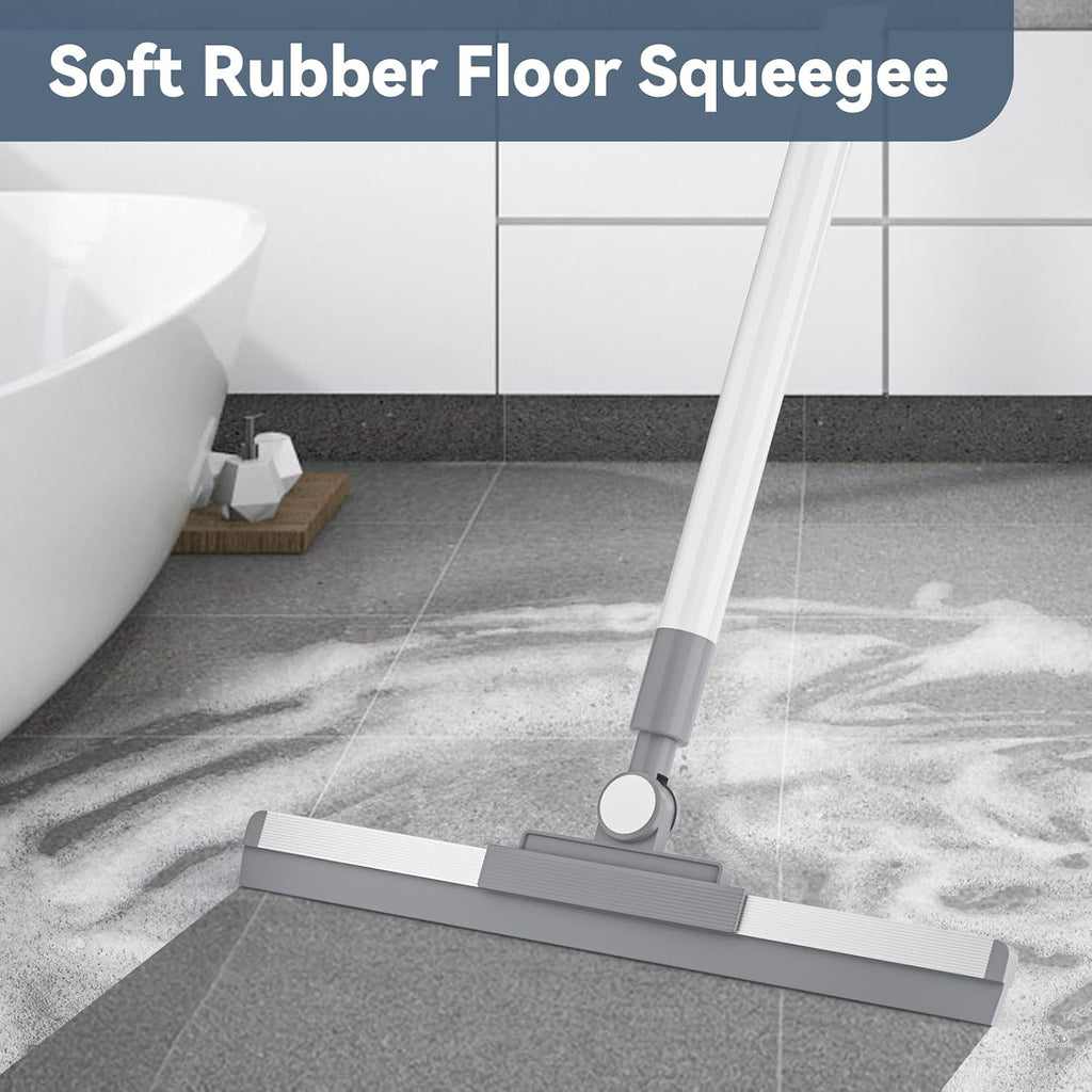 Floor Squeegee with 180° Rotating Head, Squeegee for Floor with 52'' Long Handle, Squeegee Broom, Squeegee for Window Cleaning, Bathroom Tile, Garage Concrete, Deck, Shower Glass, White