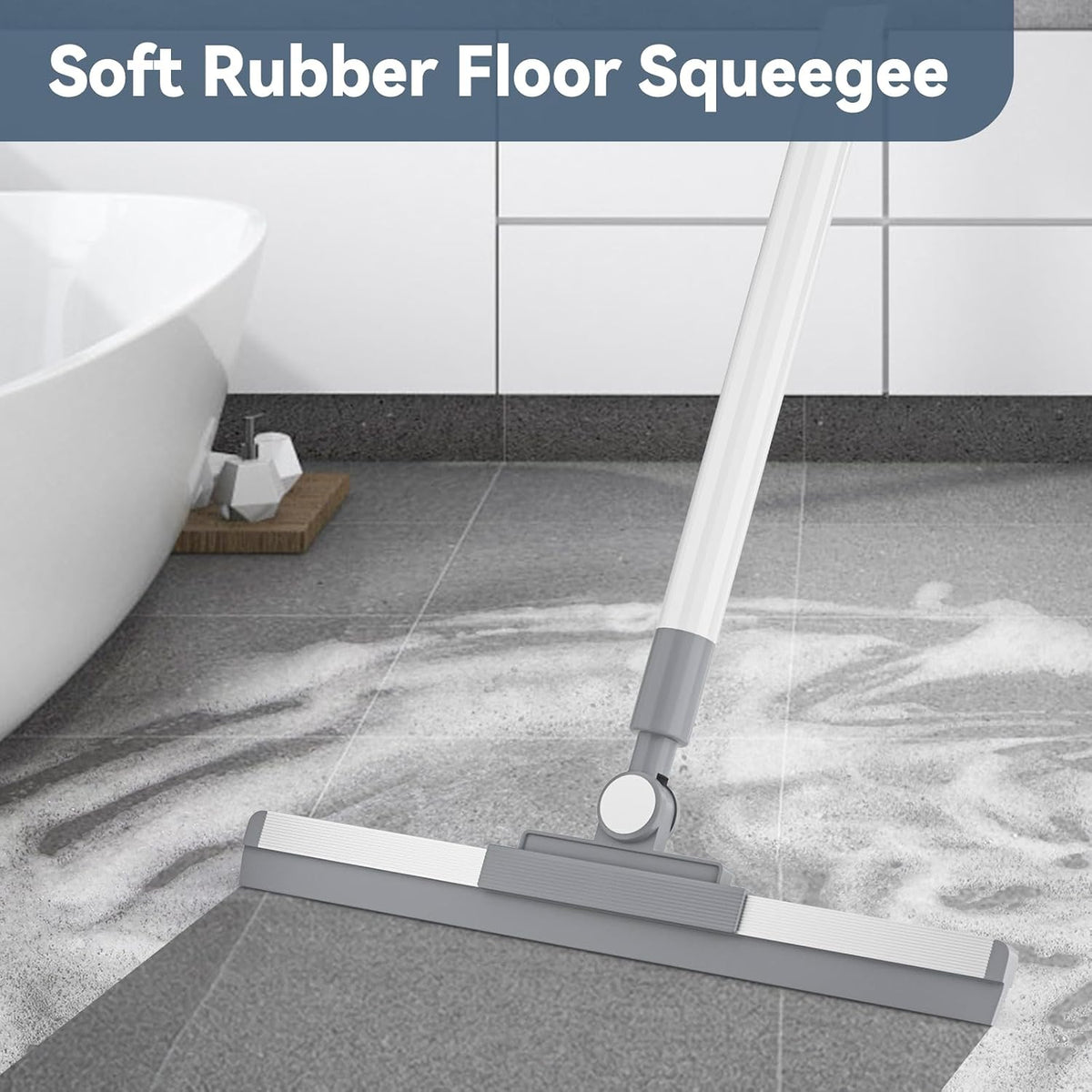 Floor Squeegee with 180° Rotating Head, Squeegee for Floor with 52'' Long Handle, Squeegee Broom, Squeegee for Window Cleaning, Bathroom Tile, Garage Concrete, Deck, Shower Glass, White
