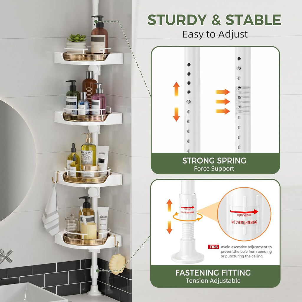 akinbas 360° Rotating Shower Caddy Tension Pole with 4-Tier Rustproof Lazy Susan 35-128 Inch No Drilling Coner Shelves Adjustable Shower Rack for Bathroom Bathtub Washbasin Plant Storage (White+Gold)