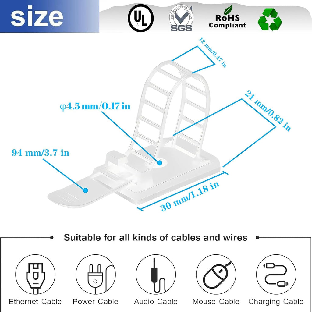 Cable Ties Cable Clips Wire Management Cord Clips Under,Desk Cable Management Reusable Zip Ties Wire Organizer Under Desk 50 packs (White)