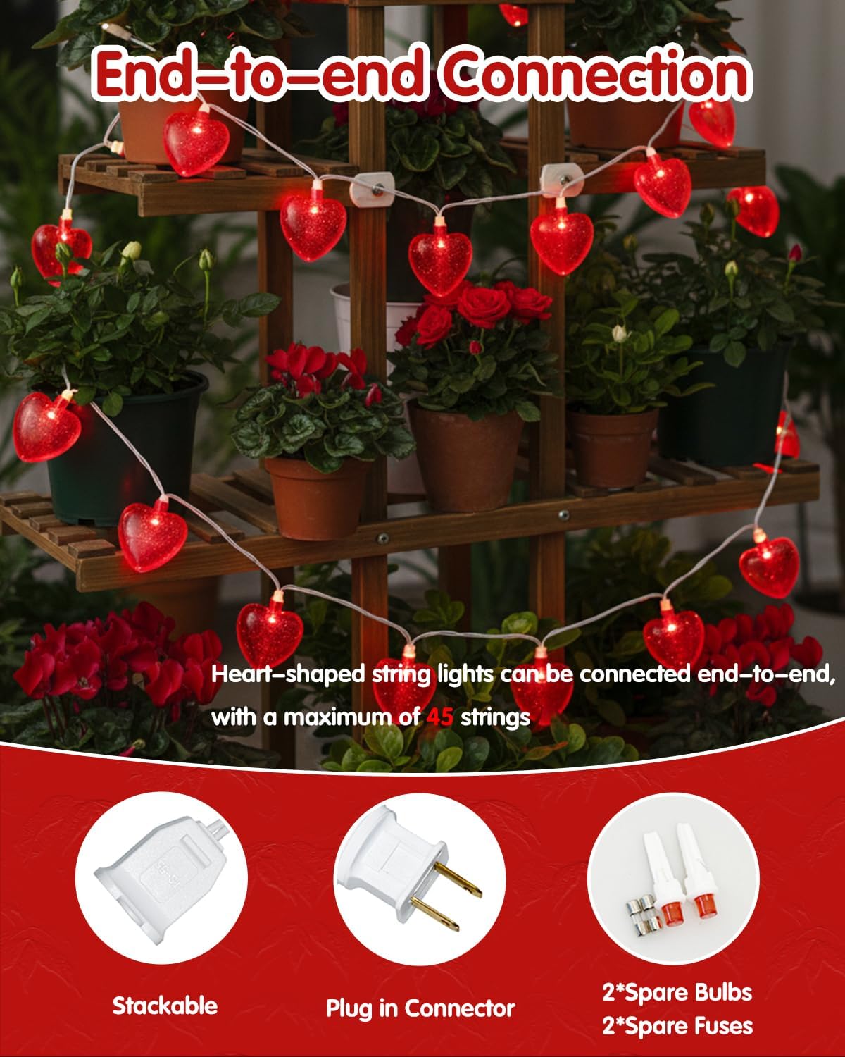 SUNSGNE Red Heart String Lights Valentines Lights, 8.5FT Plug in Fairy String Lights with 10 LED Red Heart Bulbs for Indoor Outdoor Home Room Party Wedding Valentine's Decor, White Wire