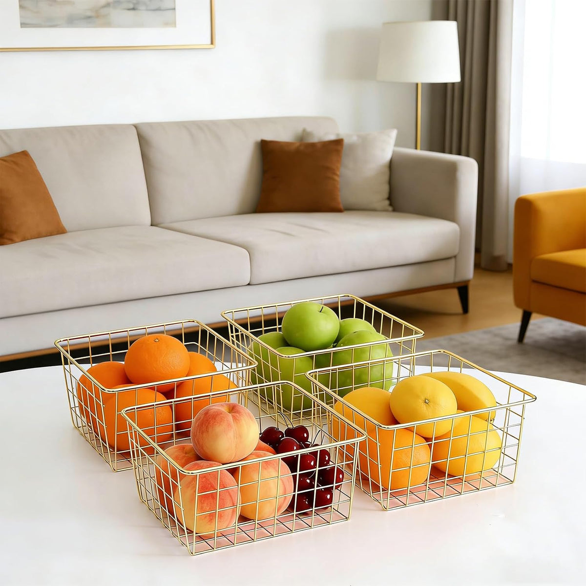 4 Pack Gold Wire Baskets for Organizing, Wire Storage Basket Metal Storage Baskets for Kitchen Cabinets, Countertop