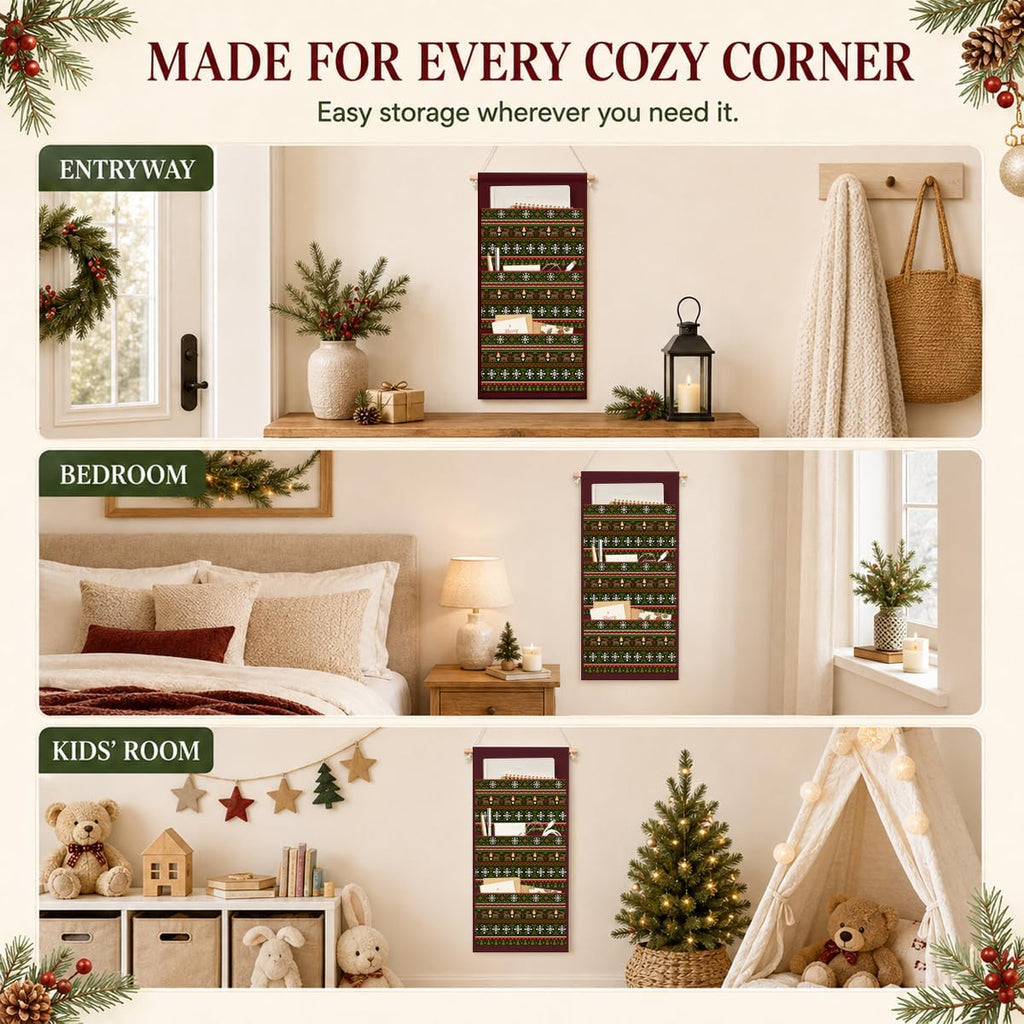 IAXIC Christmas Decor Knitted Reindeer Canvas Wall Art Hanging Organizer