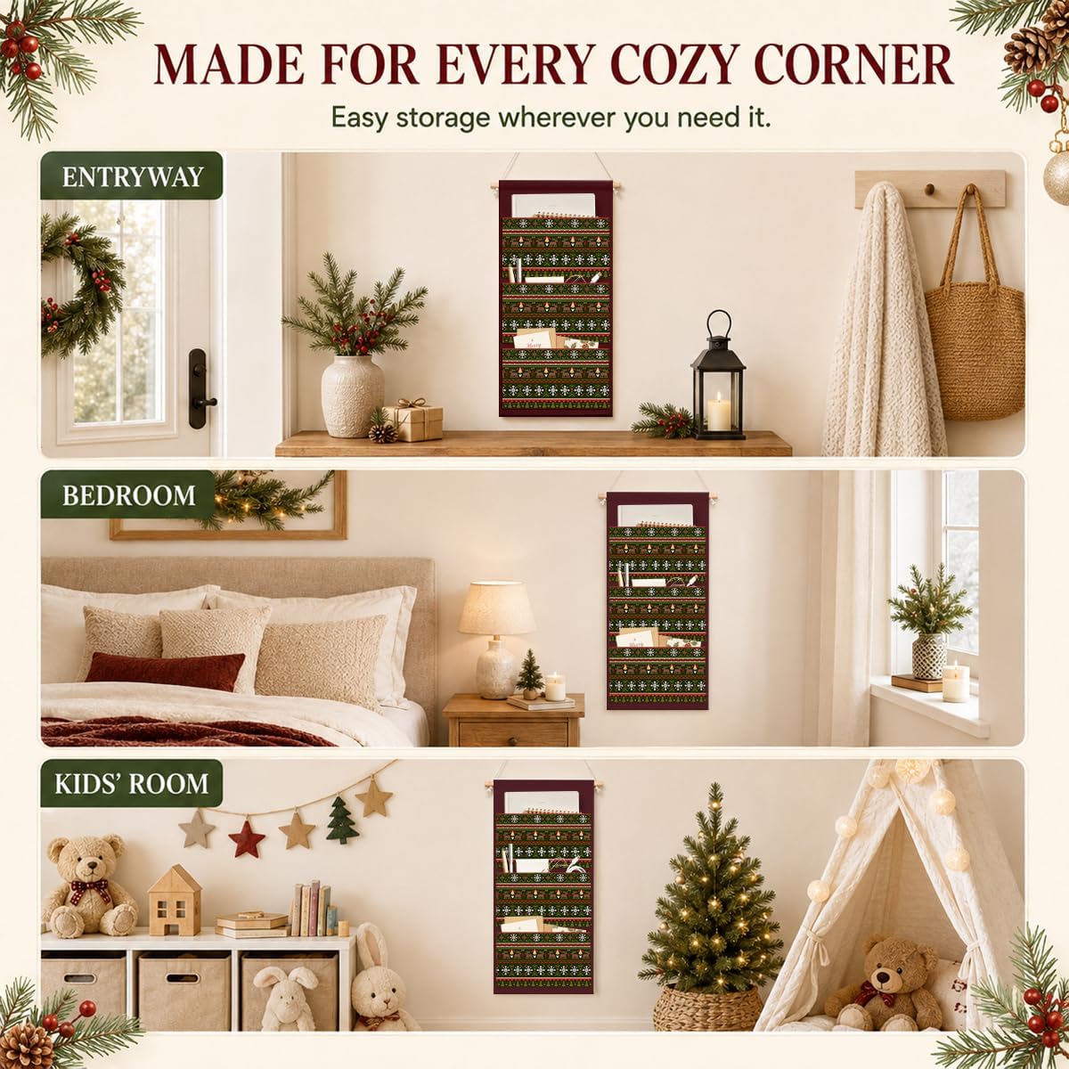 IAXIC Christmas Decor Knitted Reindeer Canvas Wall Art Hanging Organizer