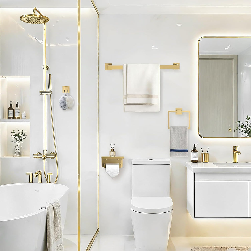TURS Bathroom Hardware Set Brushed Gold 4-Piece Towel Bar Set Include 24 Inch Towel Bar Towel Ring Towel Hook Toilet Paper Holder with Shelf Wall Mounted.