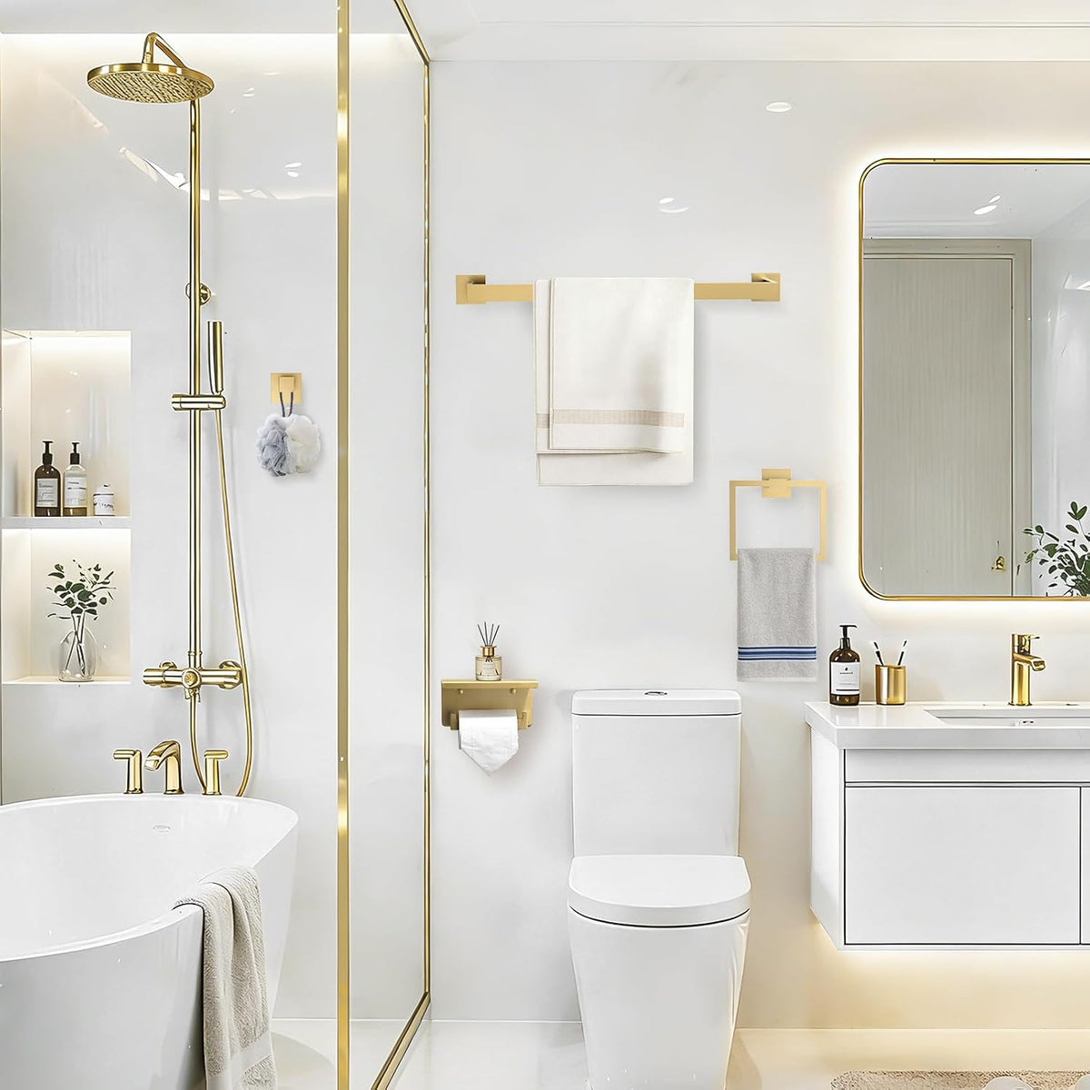 TURS Bathroom Hardware Set Brushed Gold 4-Piece Towel Bar Set Include 24 Inch Towel Bar Towel Ring Towel Hook Toilet Paper Holder with Shelf Wall Mounted.