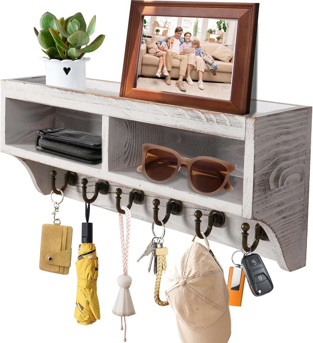 Key Holder Wall Mount with Mail Organizer, 6 Hooks & Shelf, White