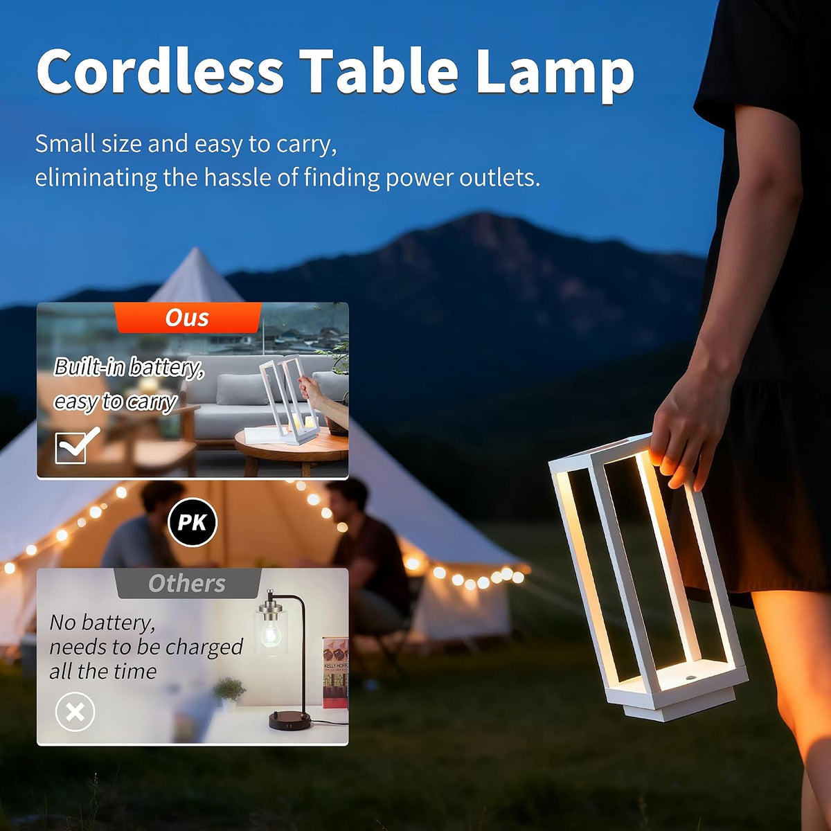Mr.White IP54 Waterproof Outdoor LED Table Lamp - Battery Operated Rechargeable Cordless 5200mAh, Dimmable 3 Color Temperatures for Patio Backyard (White)