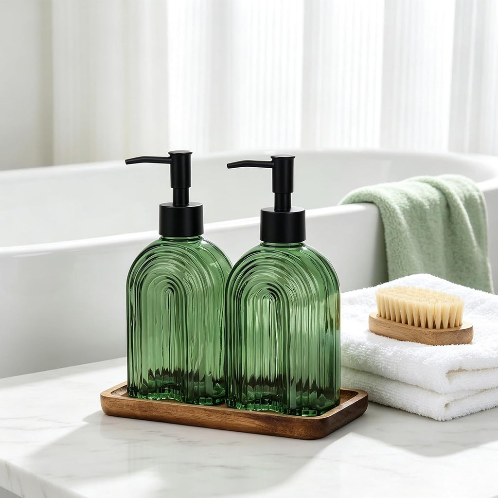 Glass Soap Dispenser Set with Wooden Tray, 11.6Oz Refillable Liquid Modern Soap Dispenser with Plastic Pump for Hand and Dish Set for Bathroom Countertop Decor (Green)