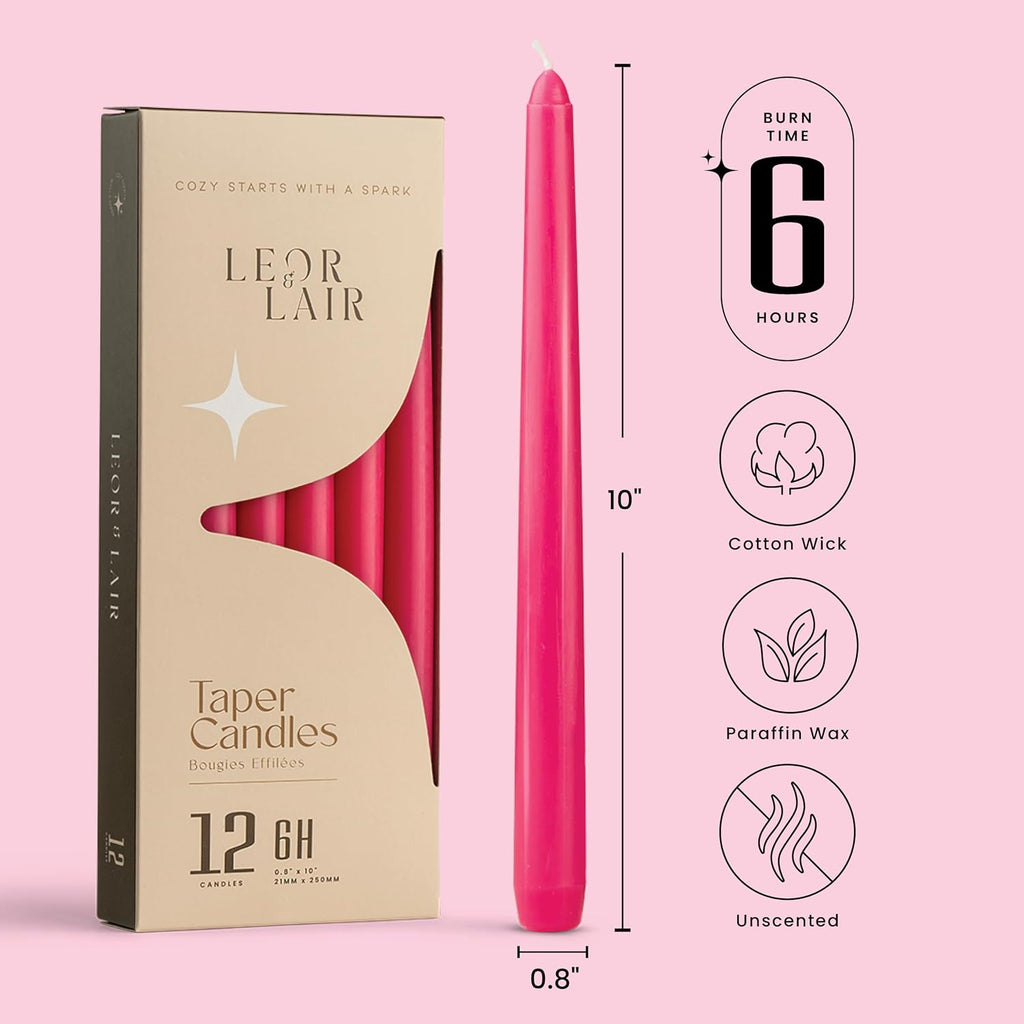 Leor & Lair Hot Pink Taper Candles, 12 Pack, 10" Pink Candles
