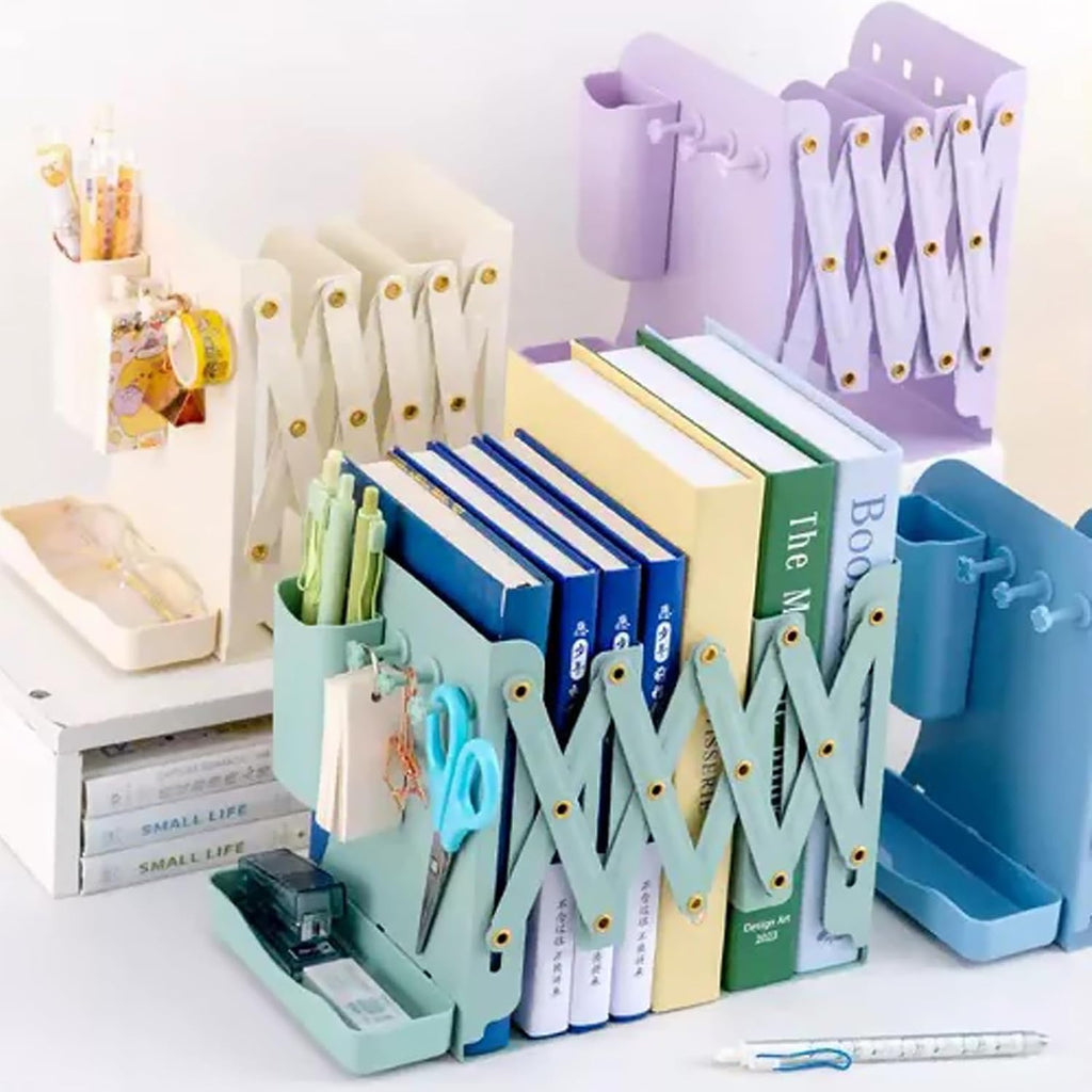 Adjustable Metal Bookends Heavy Duty for Shelves, 2 Dividers, Side Organzier, Anti-Slip Design Expandable Book Ends for Desk, Office(Green, 18 inches Max)