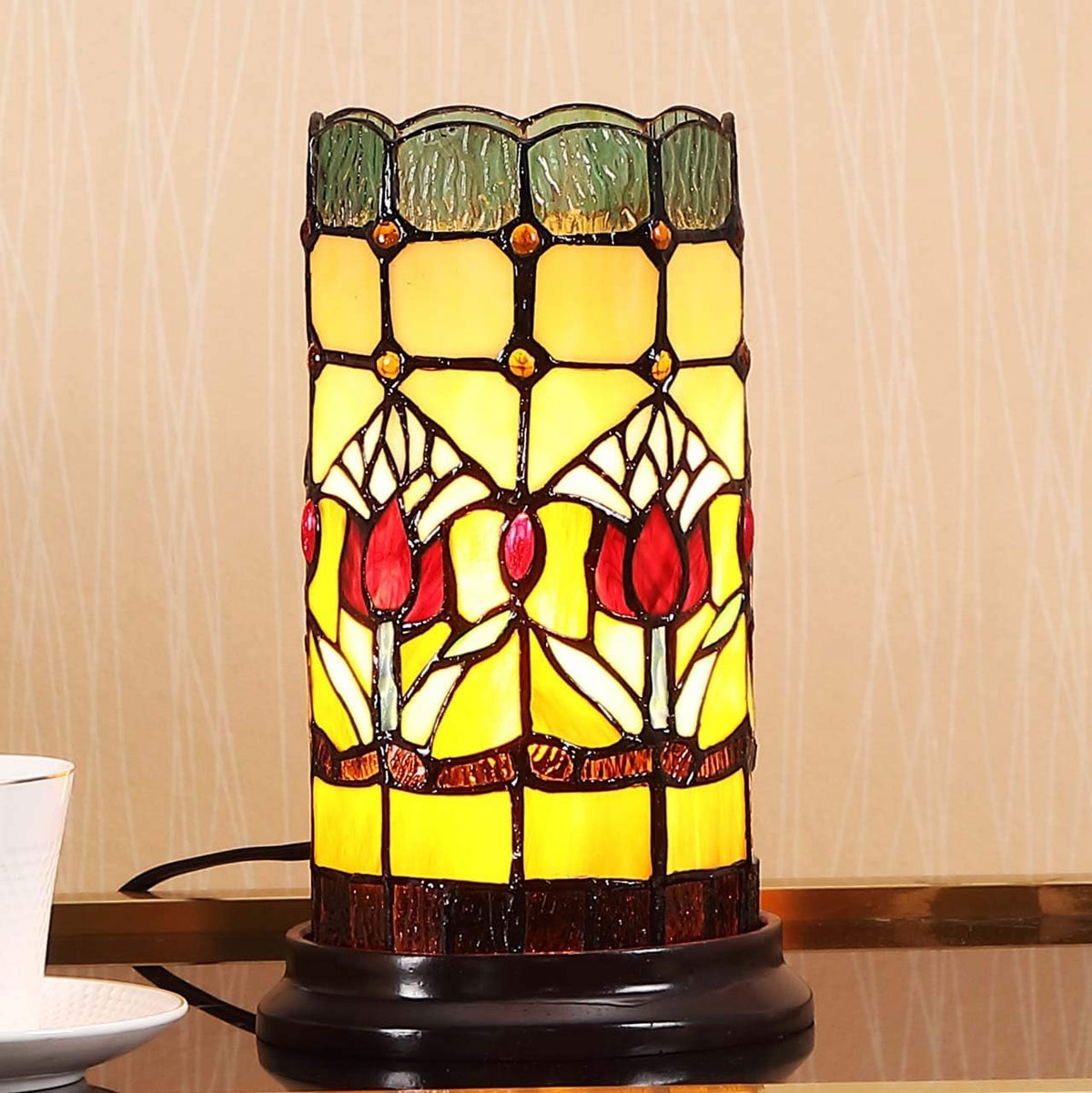Bieye L10648 Red Tulip Tiffany Style Stained Glass Table Lamp, Night Light