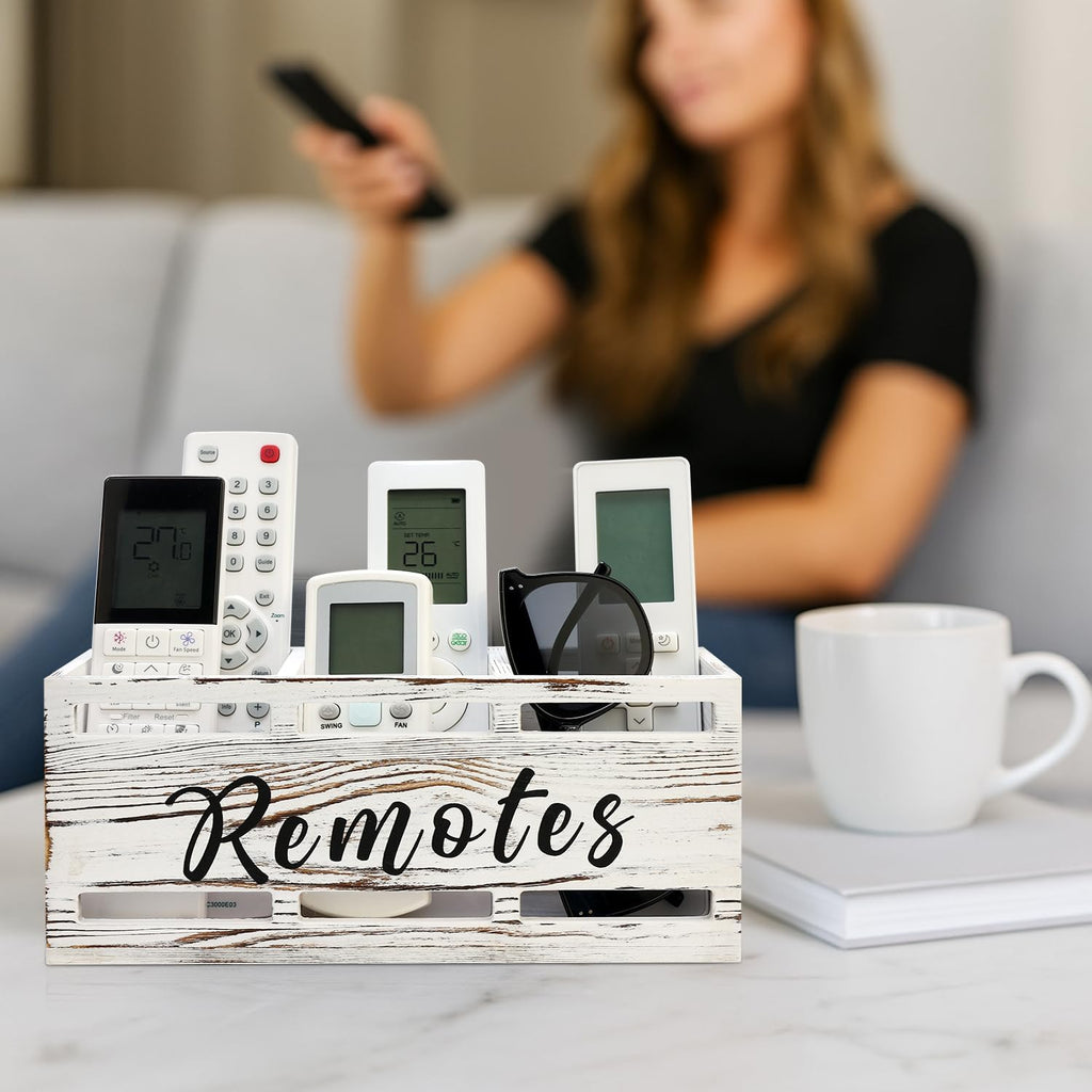 Rustic White Wooden Remote Control Holder for Wall Mount Table TV Organizer