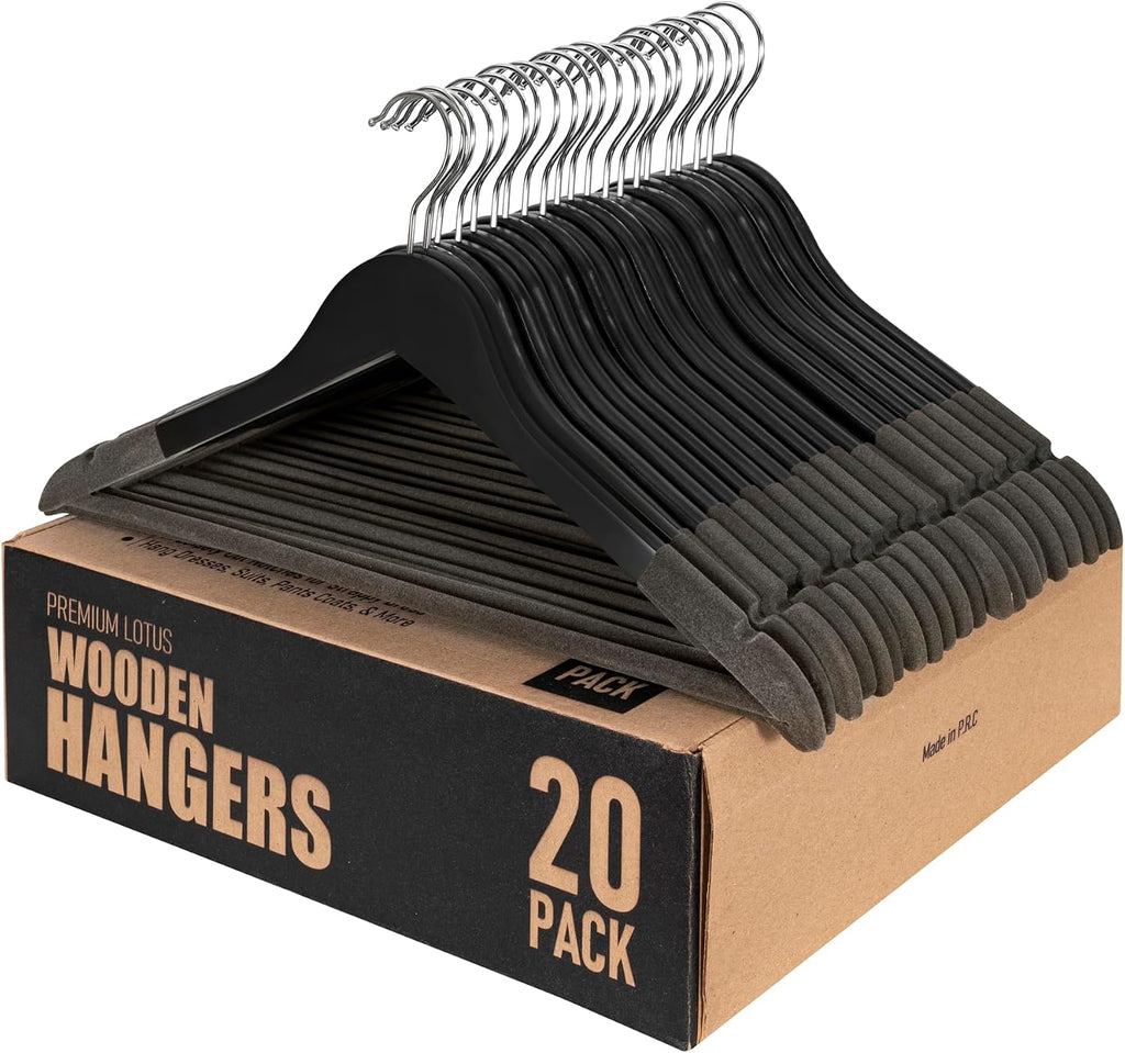 Wooden Hangers, 20 Pack, Non-Slip Velvet for Pants, Coats (Black)