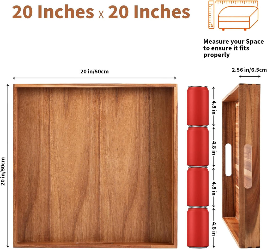 Serving Tray with Handles, 20 Inch Large Square Ottoman Tray Acacia Wood Decorative Tray for Living Room, Ottoman Coffee Table, Kitchen, Appetizers, Breakfast, Patio, Party