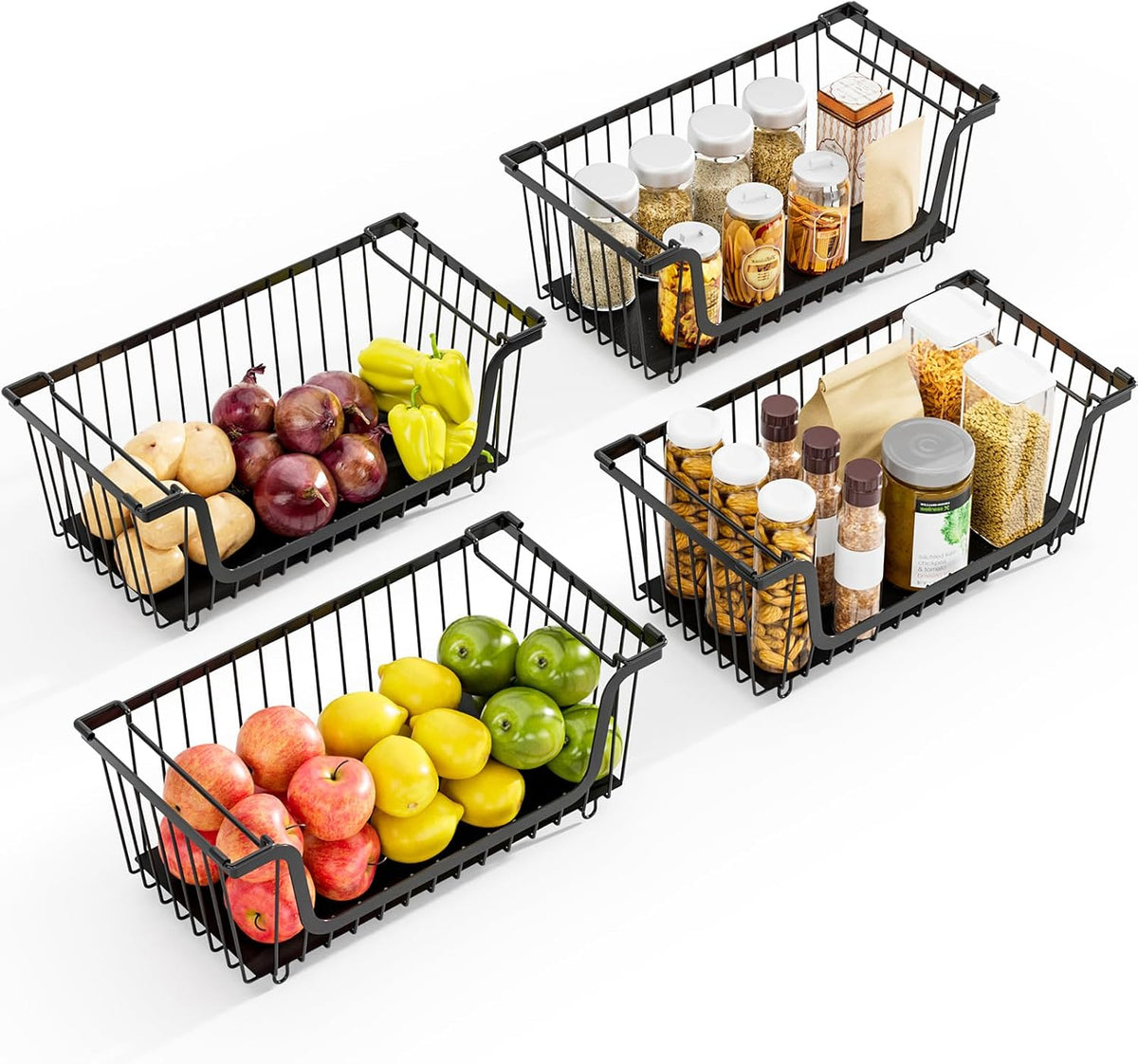 4 Pcs Stackable Wire Baskets for Pantry Organizers and Storage, Black
