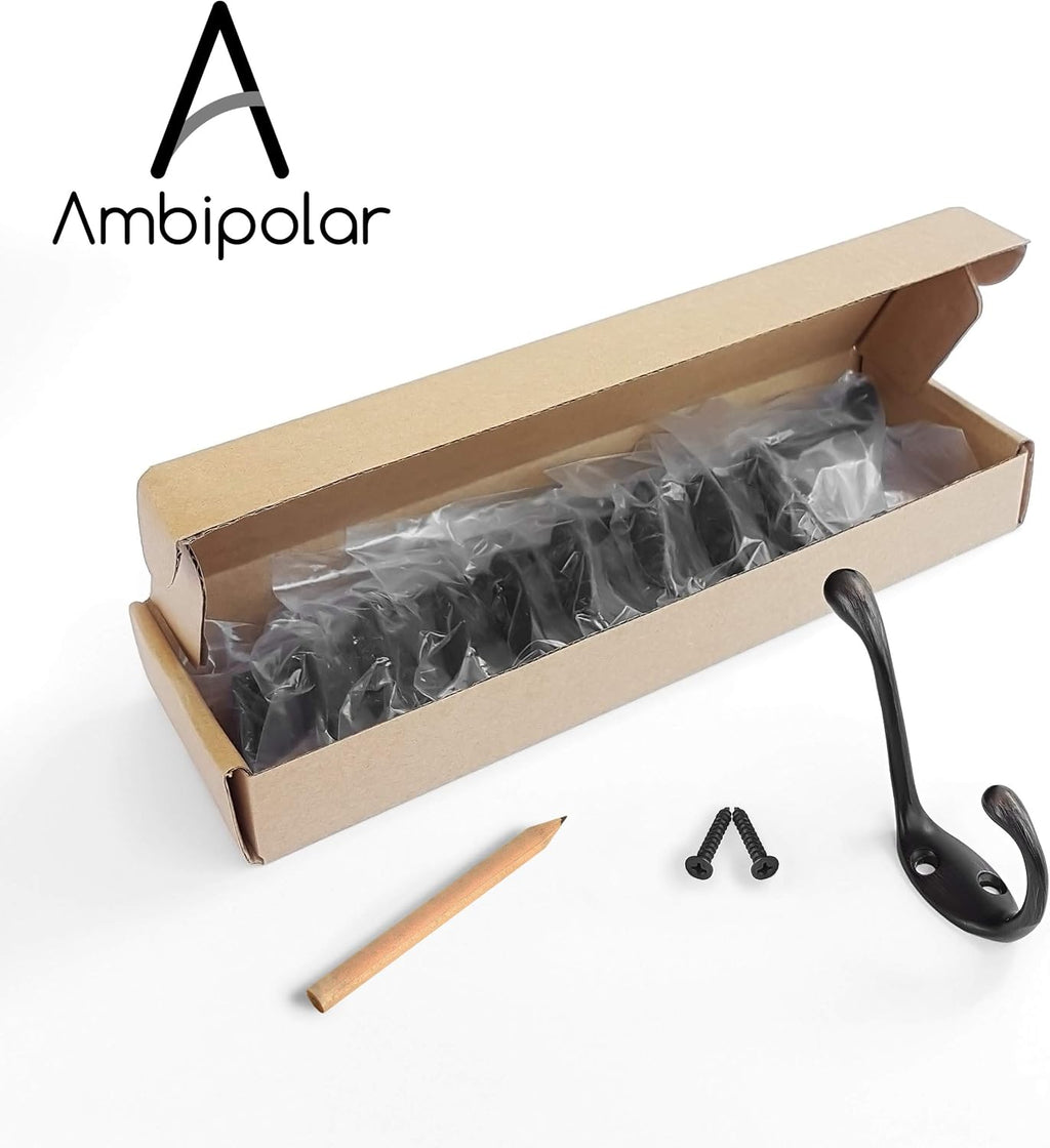 Ambipolar Heavy Duty Metal Decorative Dual Coat Hook Type-2 / Hat Hook - Wall Mounted (0.7" Screws Included), Wall Hook, Double Coat Hanger, 10 Pack (Oil Rubbed Bronze).