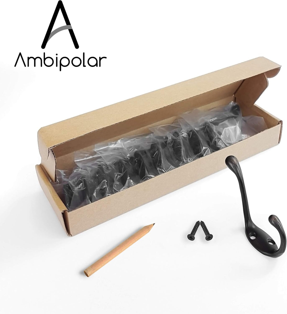 Ambipolar Heavy Duty Metal Decorative Dual Coat Hook Type-2 / Hat Hook - Wall Mounted (0.7" Screws Included), Wall Hook, Double Coat Hanger, 10 Pack (Oil Rubbed Bronze).