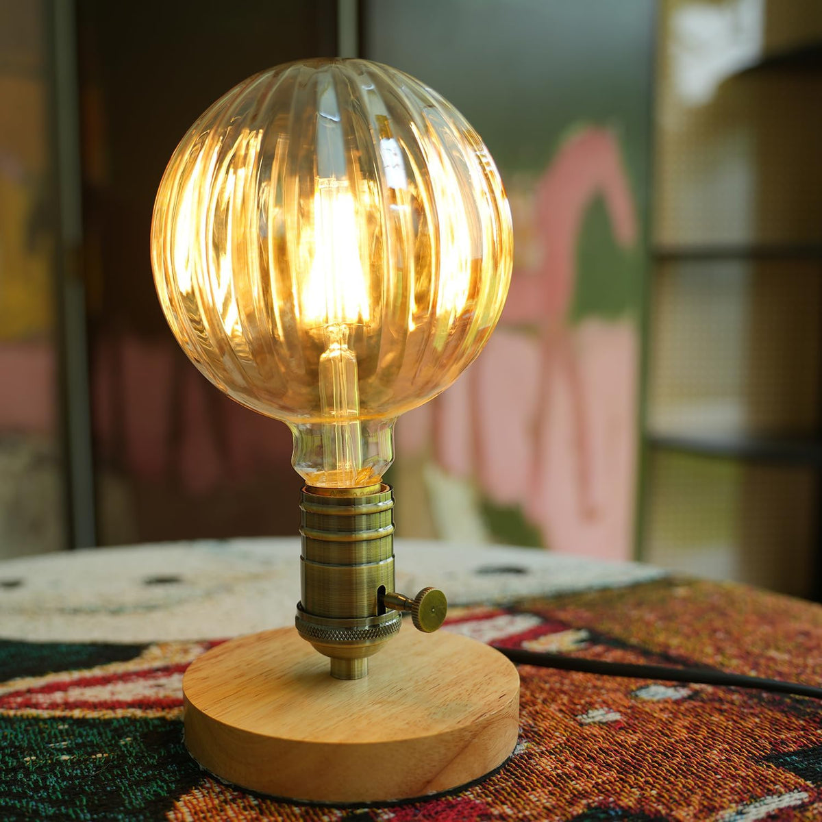 Hand Blown LED Edison Bulb, G40 Watermelon Ribbed Amber Glass, 4W 2500K Vintage Light, E26 Non-Dimmable Decorative Lamp for Farmhouse, Cafe, Bar Pendant Lighting