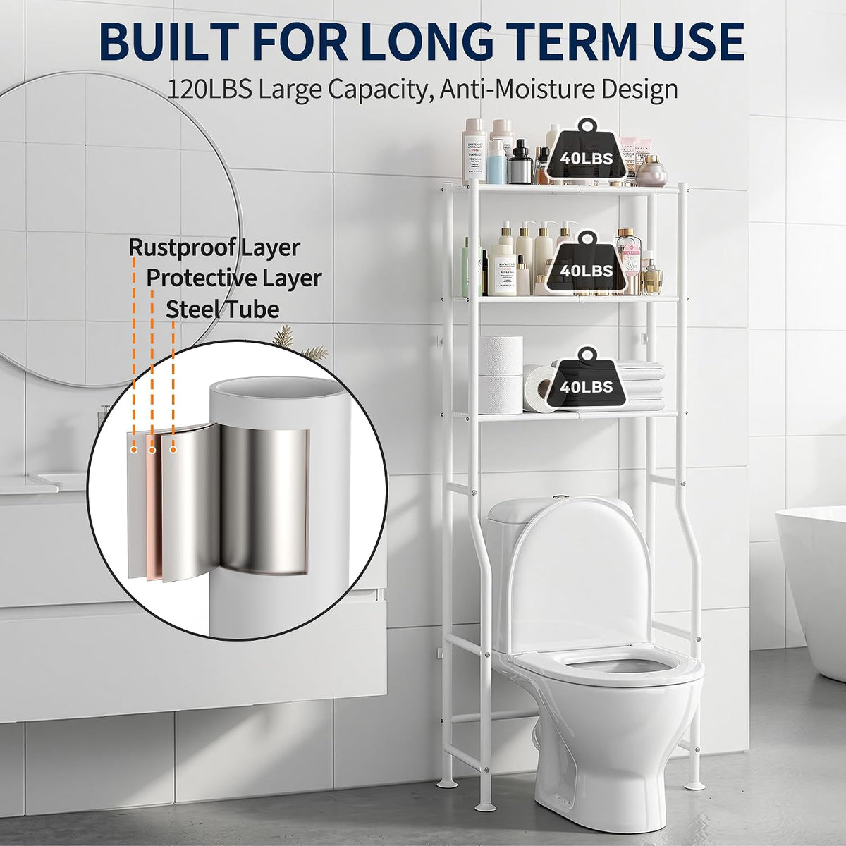 Livilord 3-Tier Over Toilet Storage, Anti-Wobble, White