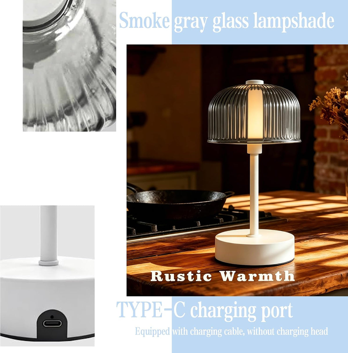 Smoke Gray LED Desk Lamp, Touch Dimming Rechargeable