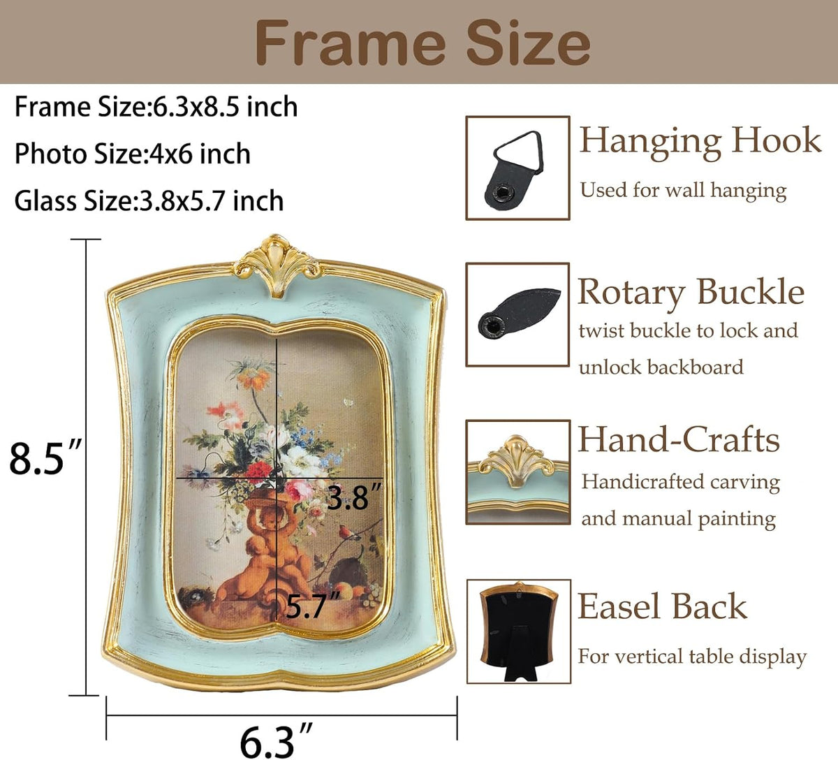 Vintage Picture Frame 4x6 Antique Ornate Photo Frame Tabletop and Wall Hanging Old-Fashioned Style, Decorative Retro Design Home Decor, Photo Gallery Art,Sage Green