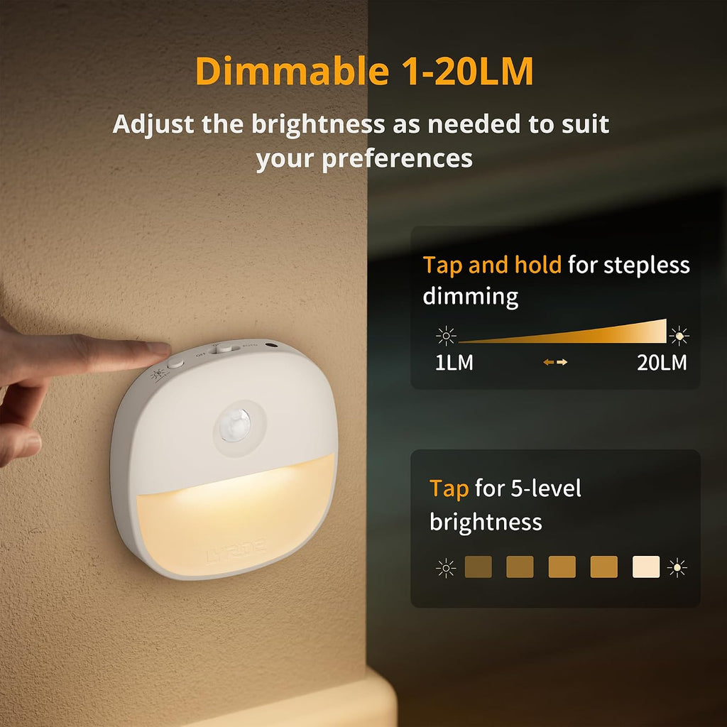 Lyridz Rechargeable Night Light, Motion Sensor Battery Nightlight, Mini Stick-on LED Closet Light, 1-20LM Dimmable Brightness for Bathroom, Bedroom, Kitchen, Washroom, Stairs, Hallway, 3-Pack
