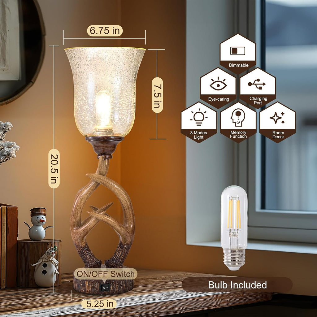Scenekoy 20.5" Antler Table Uplight Lamp with USB Ports, Memory Function