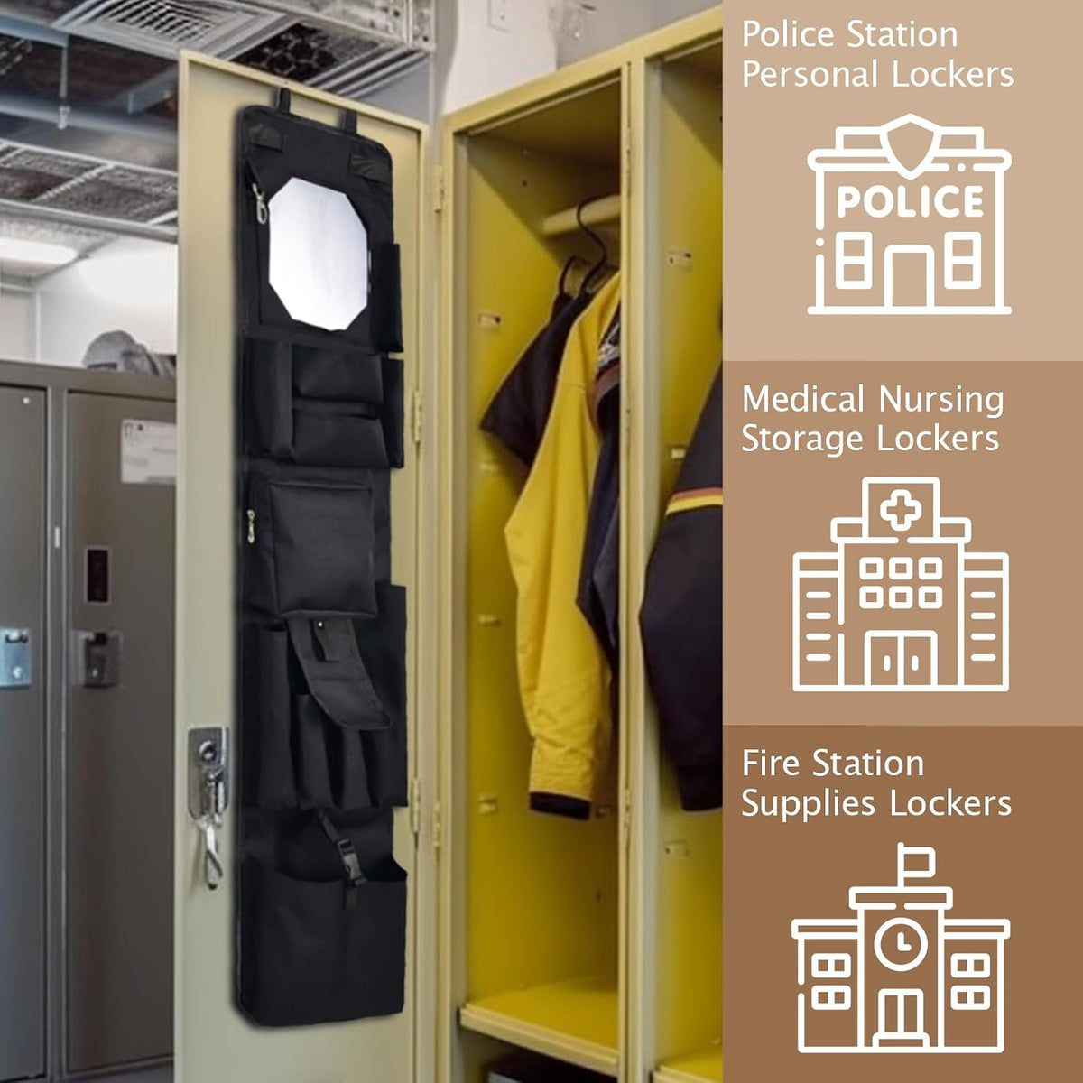 Police Style Magnetic Hanging Locker & Closet Door Organizer, Multiple Size Pockets - 51.2 x 11 Inches, with 4 Corner Magnets for Police, Security, Law Enforcement Lockers (Black)