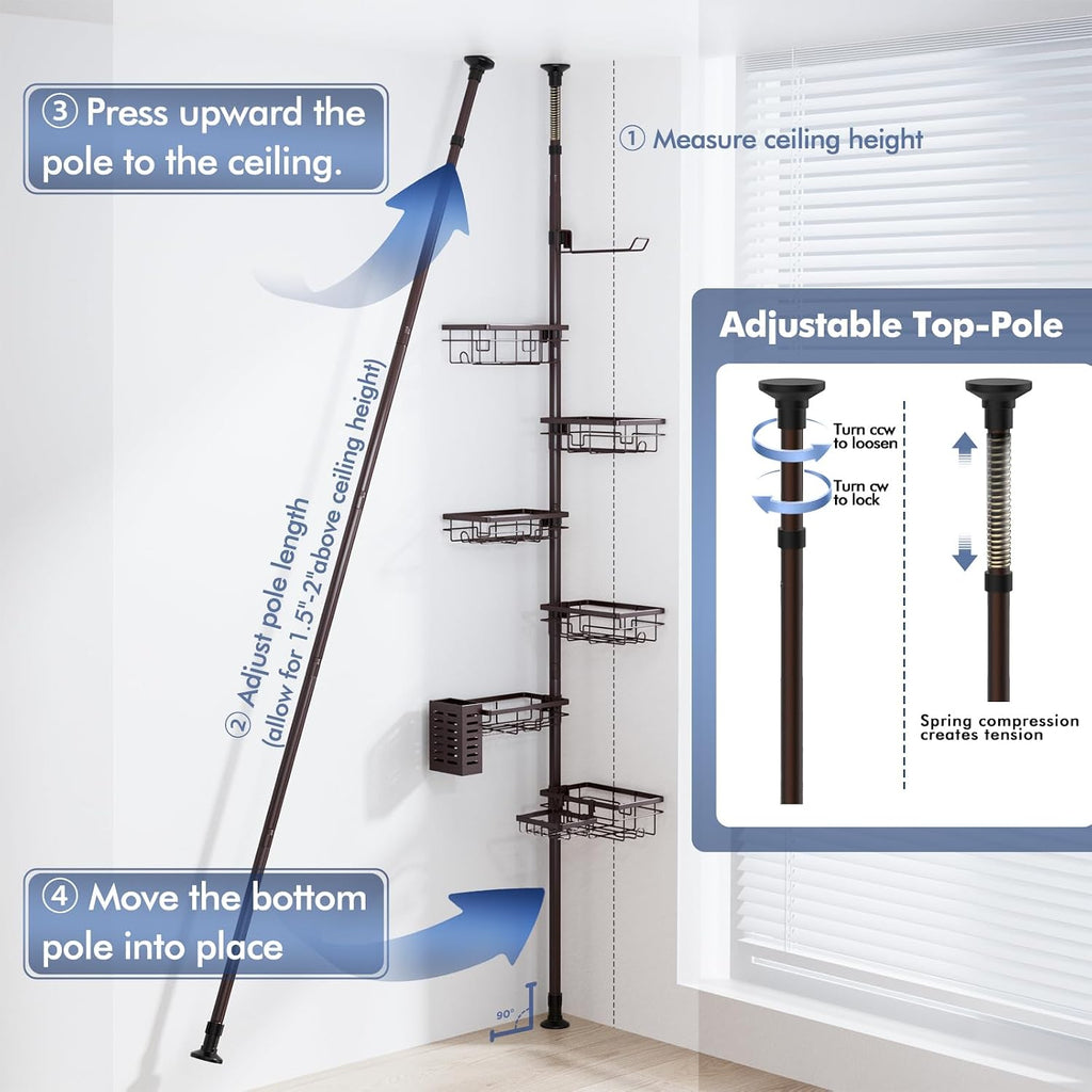 Corner Shower Caddy Tension Pole, Bathroom Organizer and Storage for Shower
