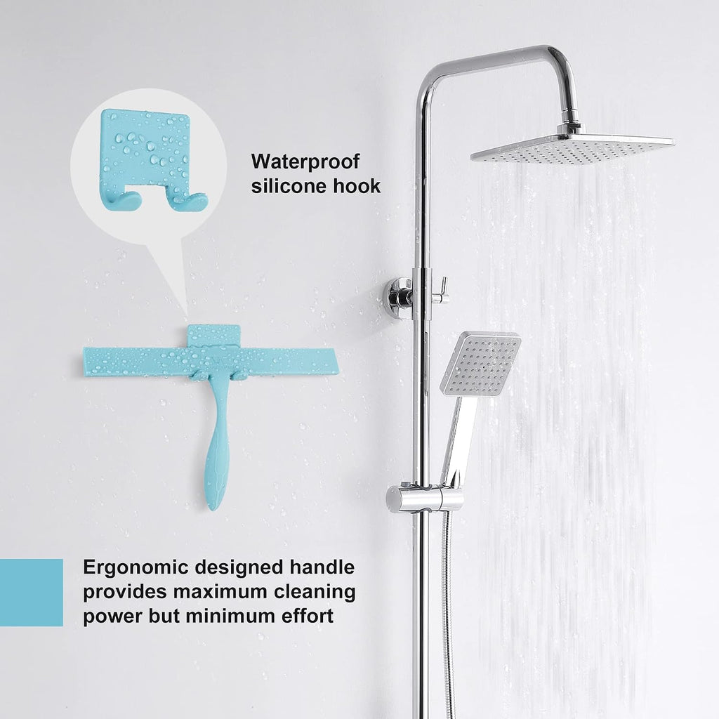 Squeegee for Shower Glass Door, 11-Inch Shower Squeegee for Glass Doors, Bathroom Silicone Squeegees Wiper for Shower with Non-Slip Handle, No-Drilling Silicone Hanging Hook, for Tiles (Blue)