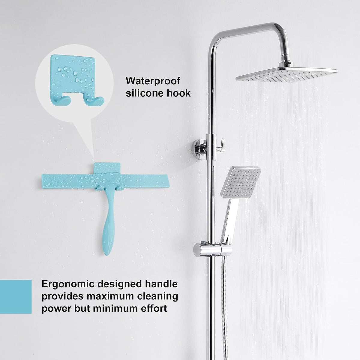 Squeegee for Shower Glass Door, 11-Inch Shower Squeegee for Glass Doors, Bathroom Silicone Squeegees Wiper for Shower with Non-Slip Handle, No-Drilling Silicone Hanging Hook, for Tiles (Blue)