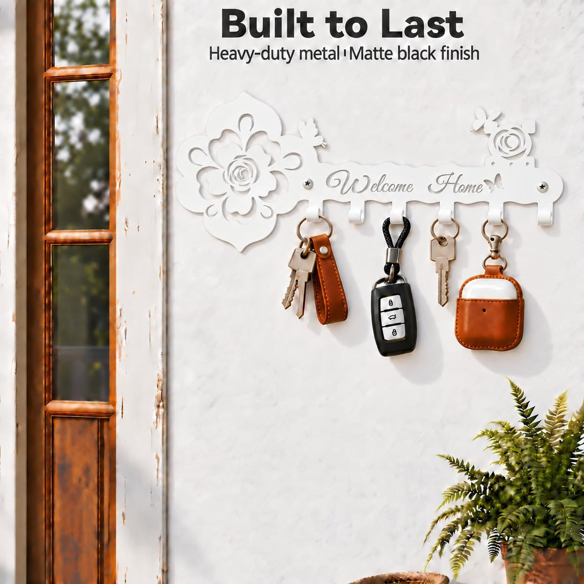 Deveosa Key Hooks Holder for Wall Decorative - Small White Entryway Welcome Home Sign Key Hanging Hangers Wall Mounted Racks