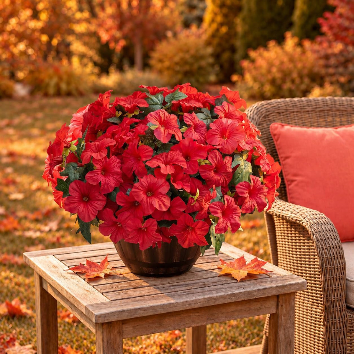 Artificial Fake Flowers Plants for Outdoor Decoration, 4PCS Faux Petunias Silk Flower UV Resistant No Fade for Home Outside Garden Balcony Yard Porch Realistic Indoor Decor (Red)
