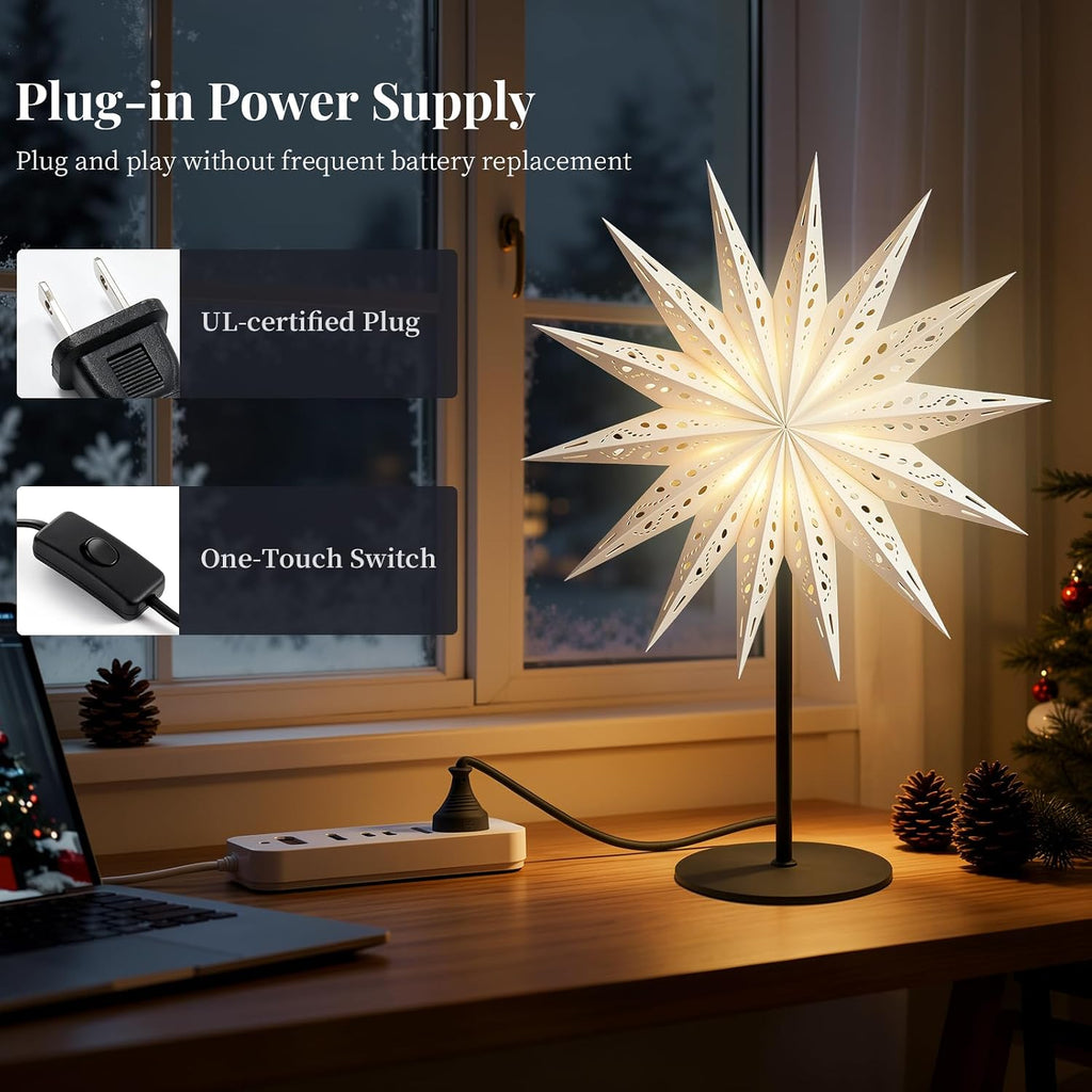 Lewondr 3D Christmas Paper Star Table Lamp, 17.72" 14-pointed Xmas Star