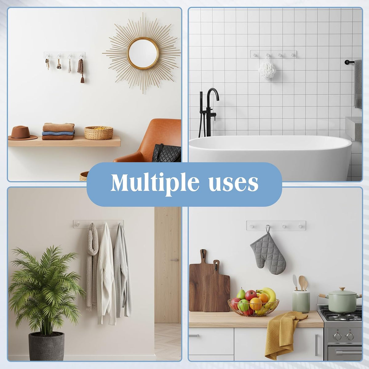 1 Pcs Adhesive Key Holder for Wall Acrylic with 4 Hooks, Transparent