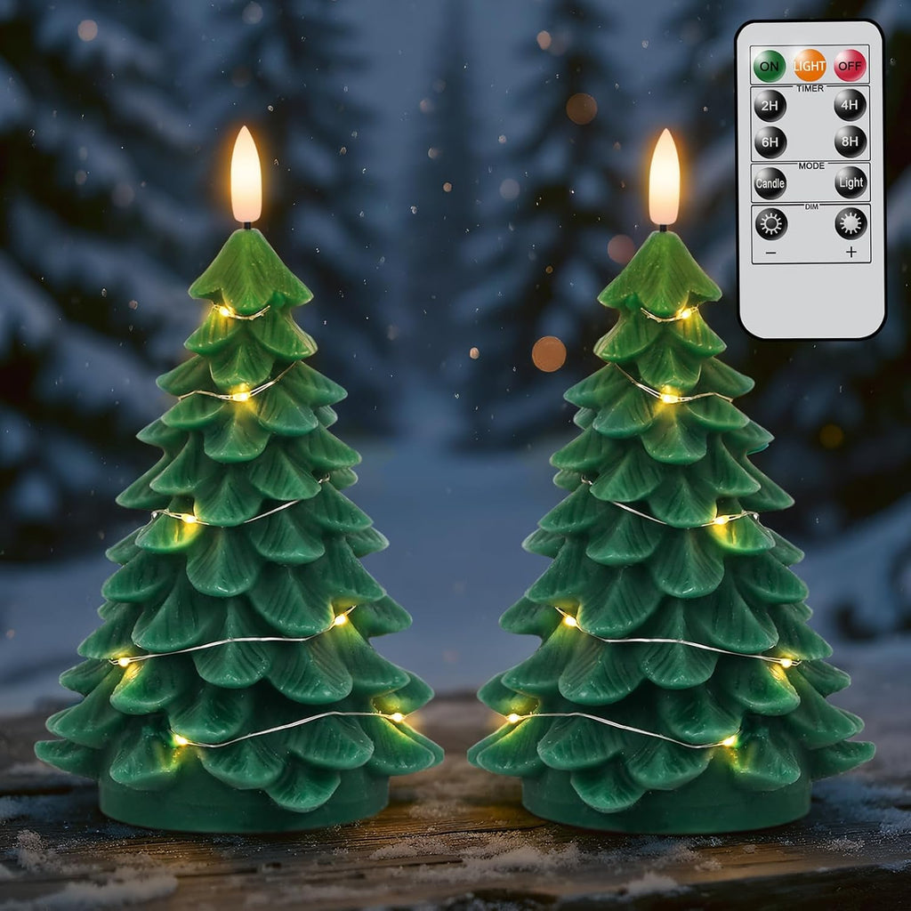 Christmas Tree Candles with String Light & Remote Timer Green