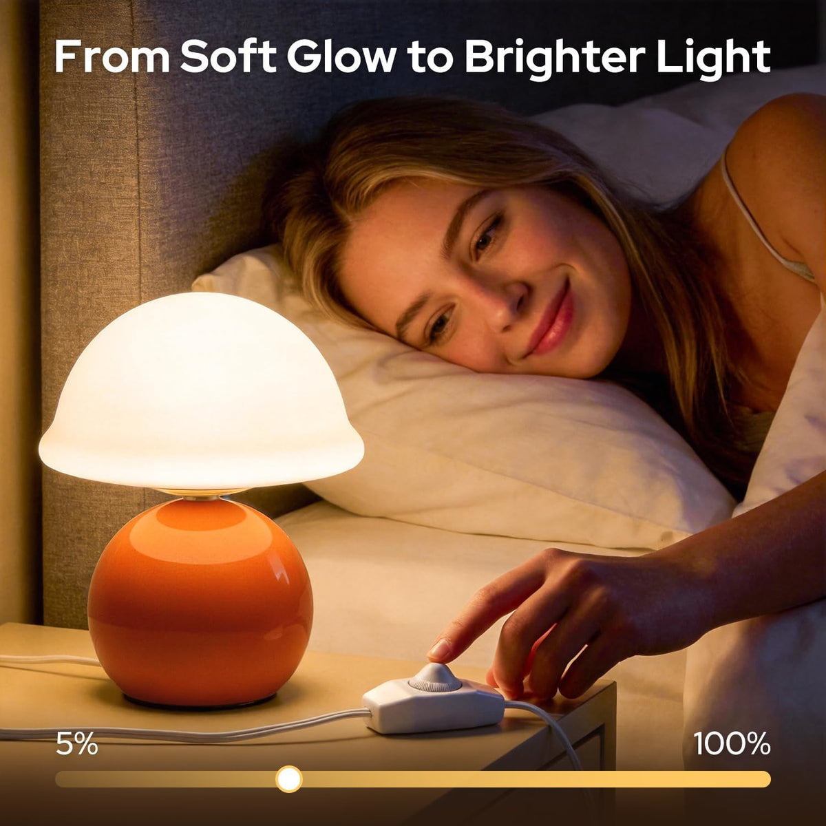 Glass Mushroom Lamp, Dimmable Bedside Table Lamp (Orange)