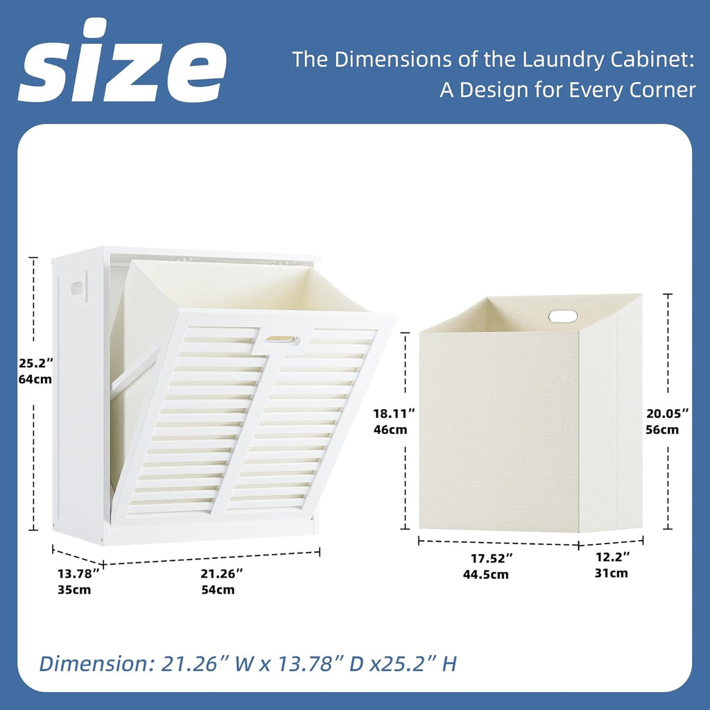HITNET Tilt Out Laundry Hamper Cabinet, Bathroom Laundry Cabinet with 20 Gallon Clothes Basket, Space Saving Freestanding Bamboo Storage Organizer for Towels and Toys, White