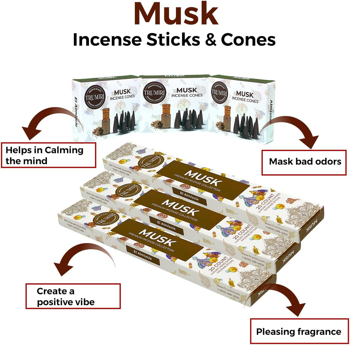 Musk Incense Sticks & Incense Cones Combo Pack - 60 Insence-Sticks + 30 Insence Cones - Inscense - Incense Cones Scented - Insents