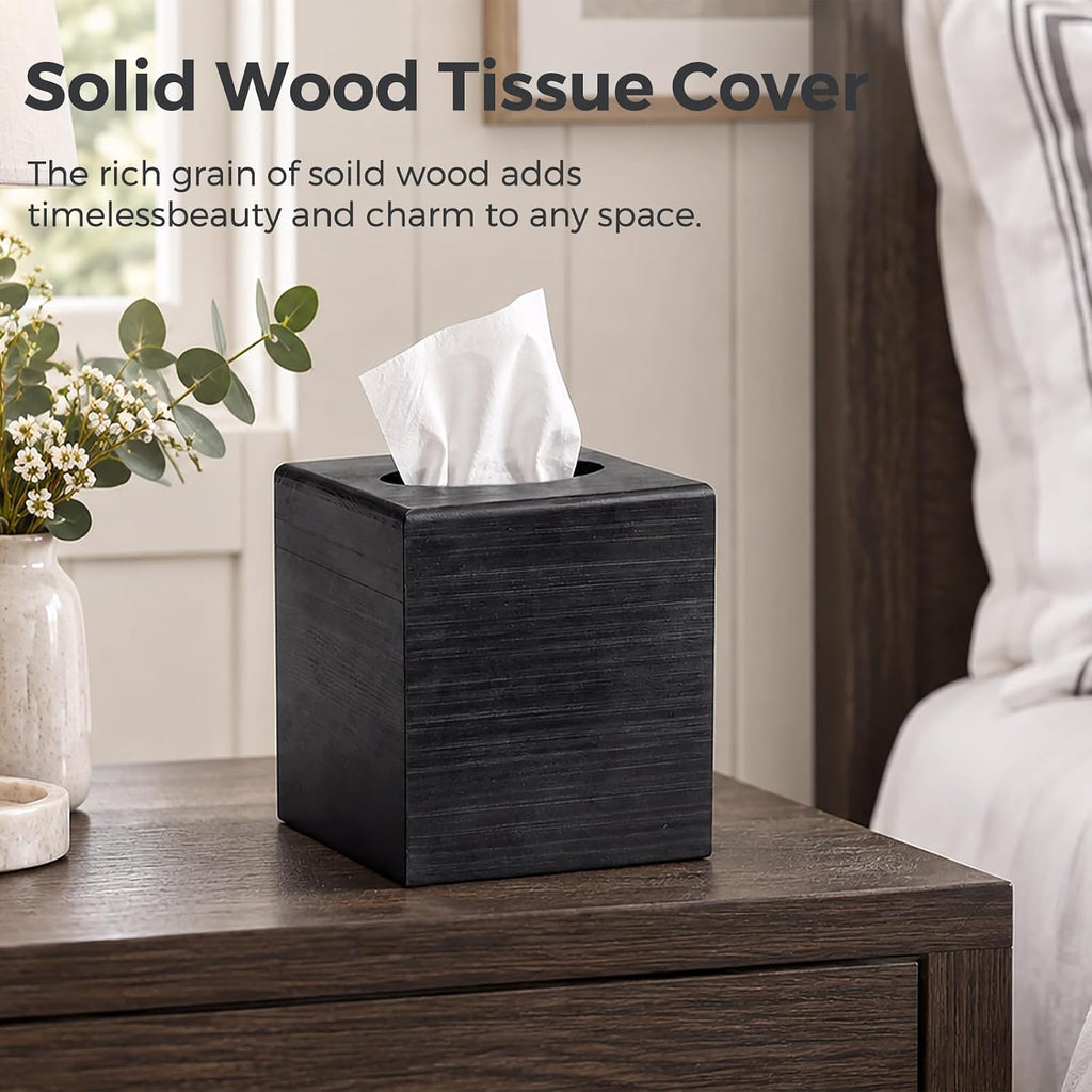 Black Wood Tissue Box Cover, Square Wooden Tissue Box Holder for Bathroom