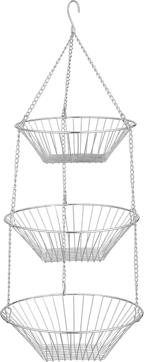 JUNCHU CHERRY 3-Tier Wire Fruit Hanging Basket 2 Packs, non-Punching Wall Hanging Storage, Kitchen Bathroom Organization Basket, Suitable for Bathroom, Kitchen, Closet, Garden, Chrome